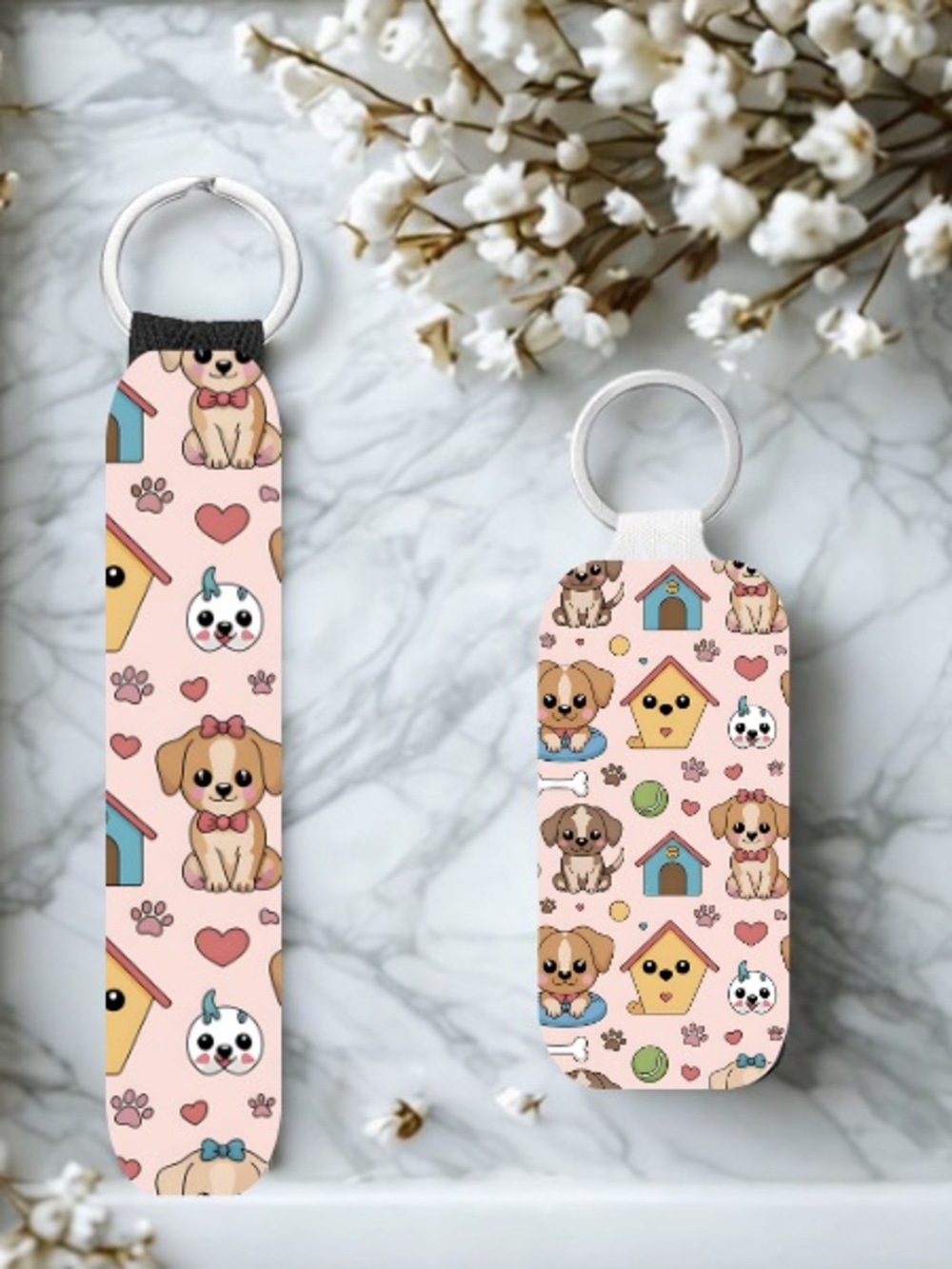 Pink Puppy Pattern Keychain and Lip Balm holder